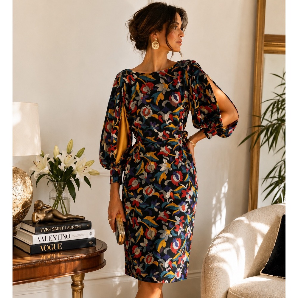 Vintage Valli Athens 1980s Statement Dress Slit Sleeve Draped Cocktail Midi